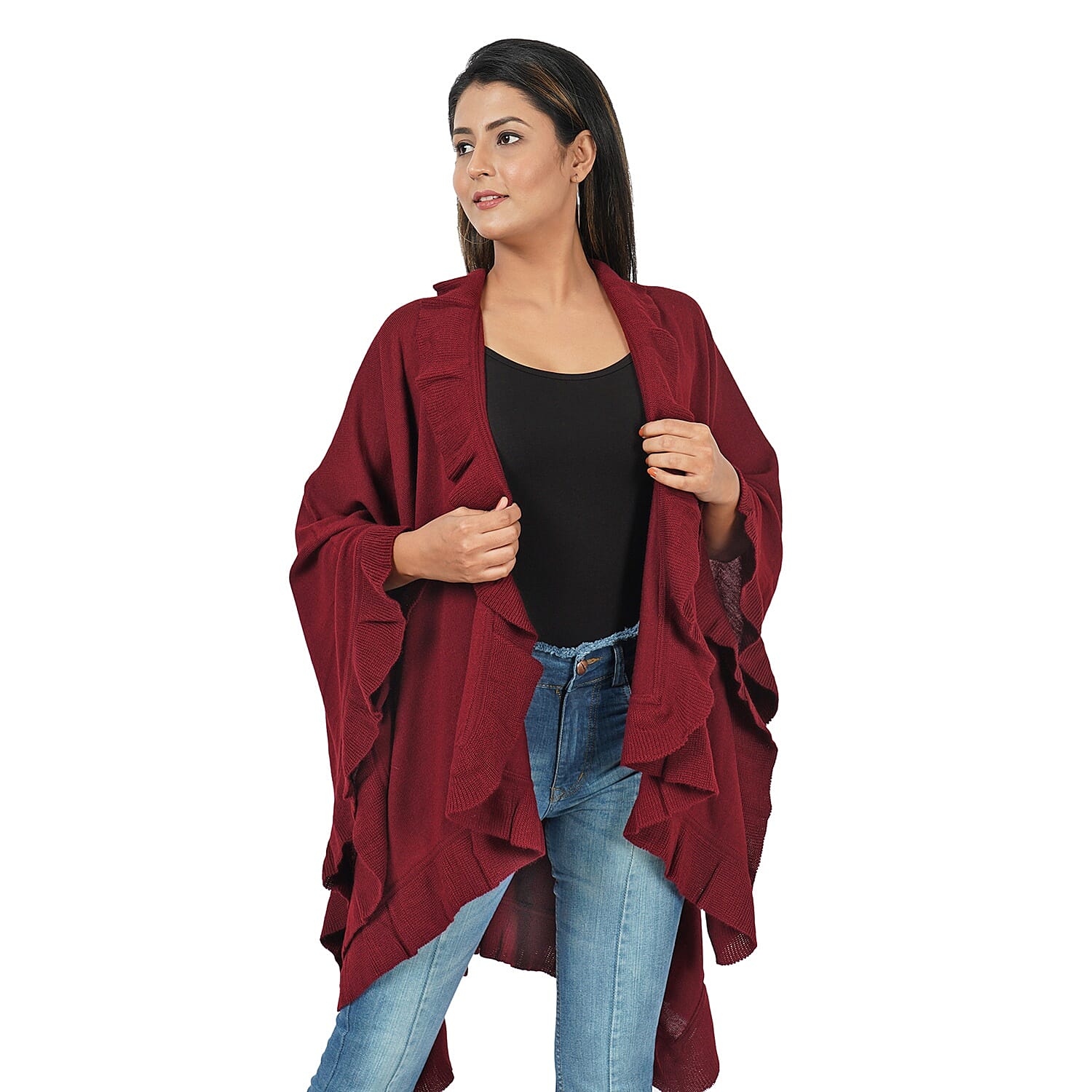 Knit Kimono with Frilled Hemline (L: 150cm, W: 140cm) - Burgundy