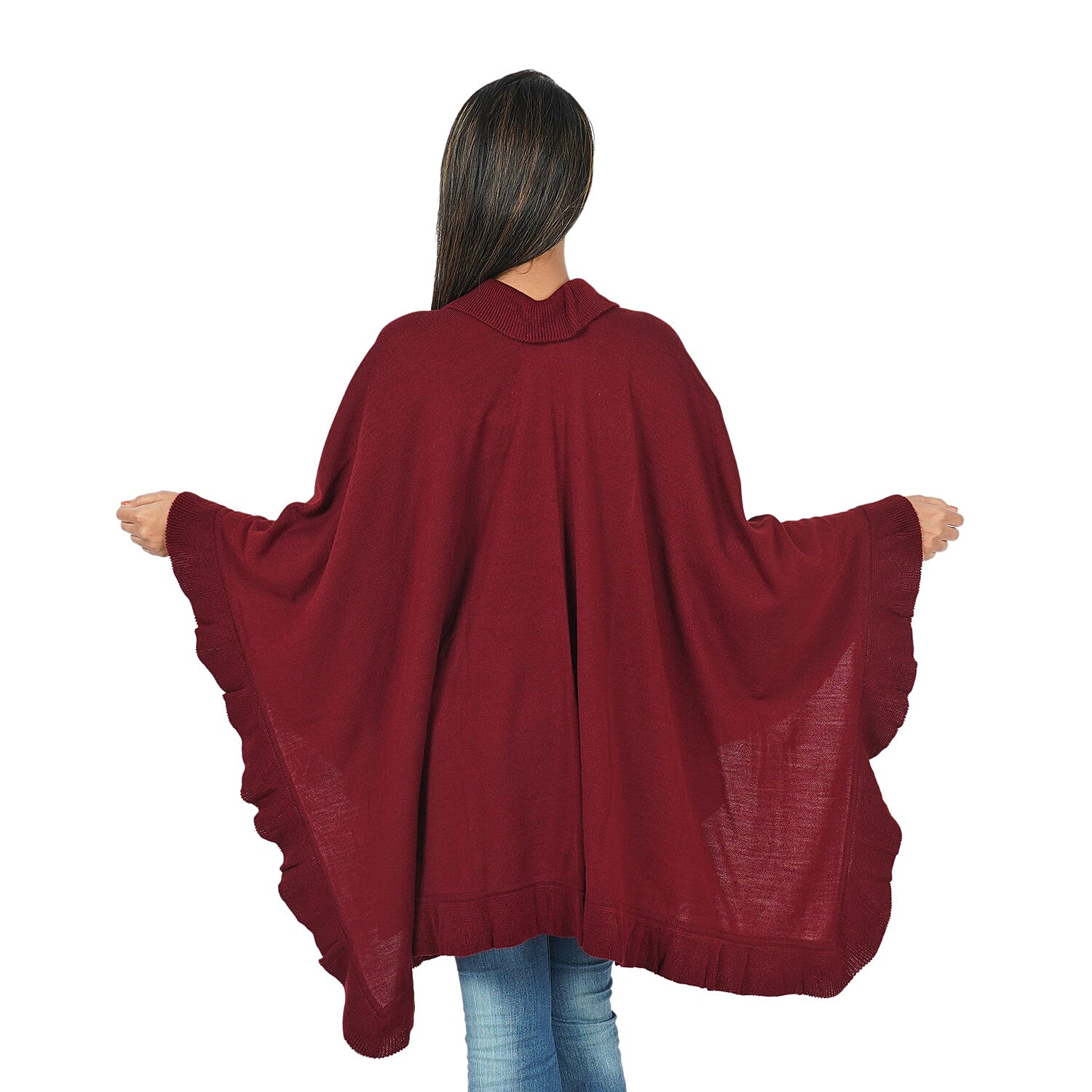 Knit Kimono with Frilled Hemline (L: 150cm, W: 140cm) - Burgundy