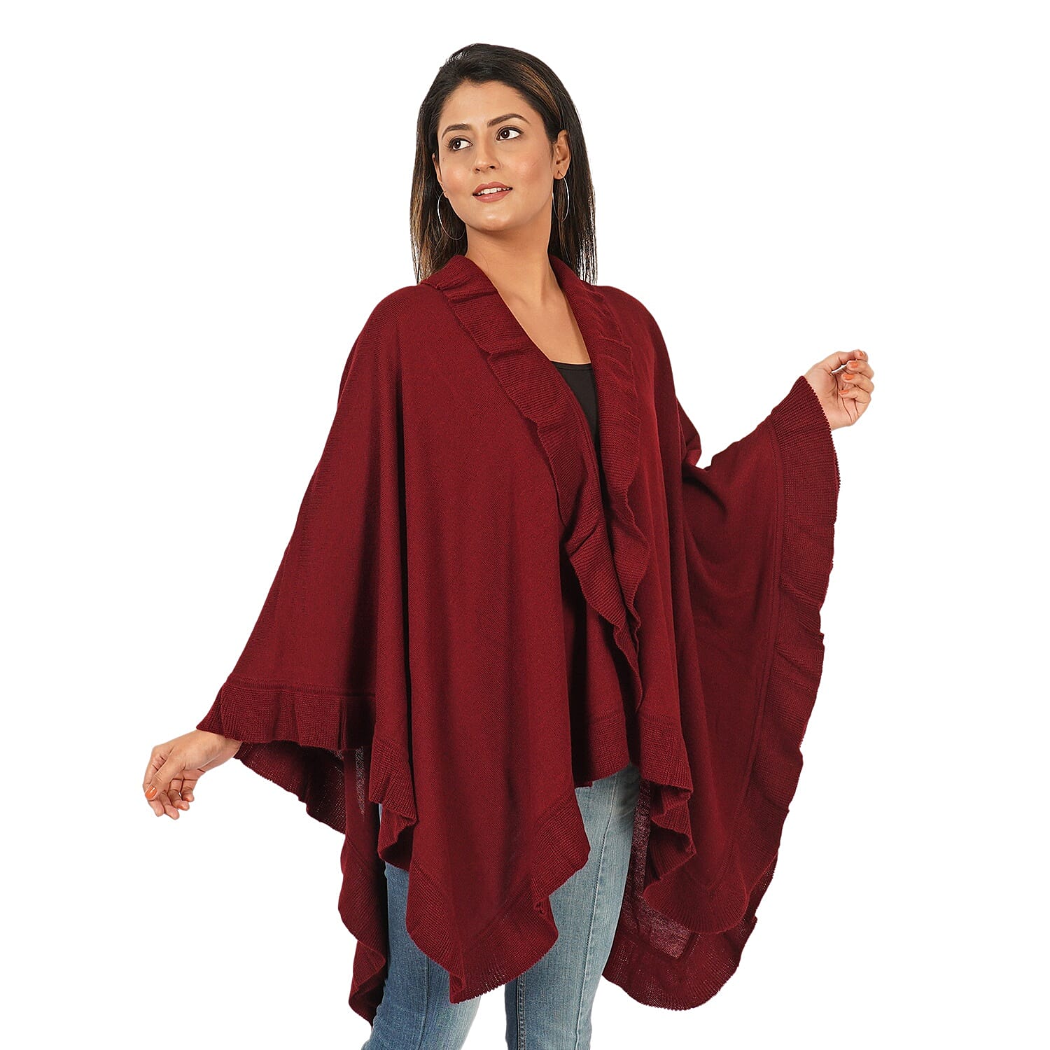 Knit Kimono with Frilled Hemline (L: 150cm, W: 140cm) - Burgundy