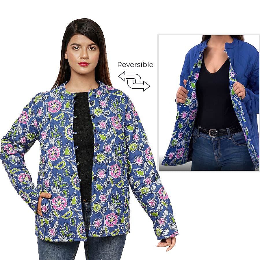 Handmade Printed Reversible Quilted Full-Sleeves Short Jacket in Navy - (Size S,10 )
