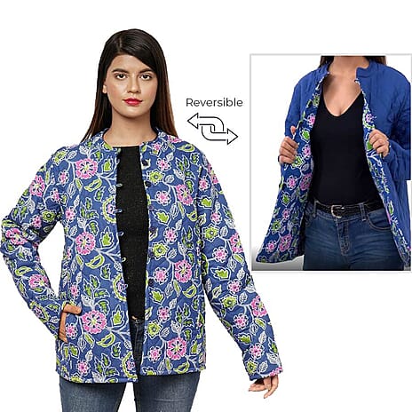 Handmade Printed Reversible Quilted Full-Sleeves Short Jacket in Navy - (Size S,10 )