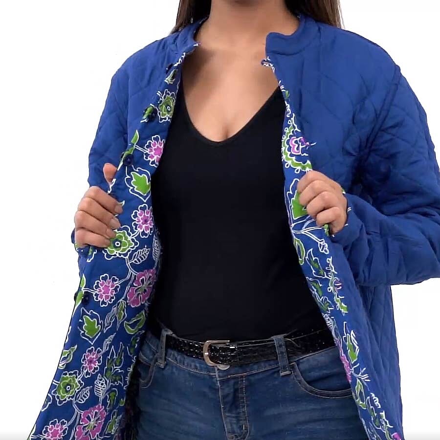 Handmade Printed Reversible Quilted Full-Sleeves Short Jacket in Navy - (Size S,10 )