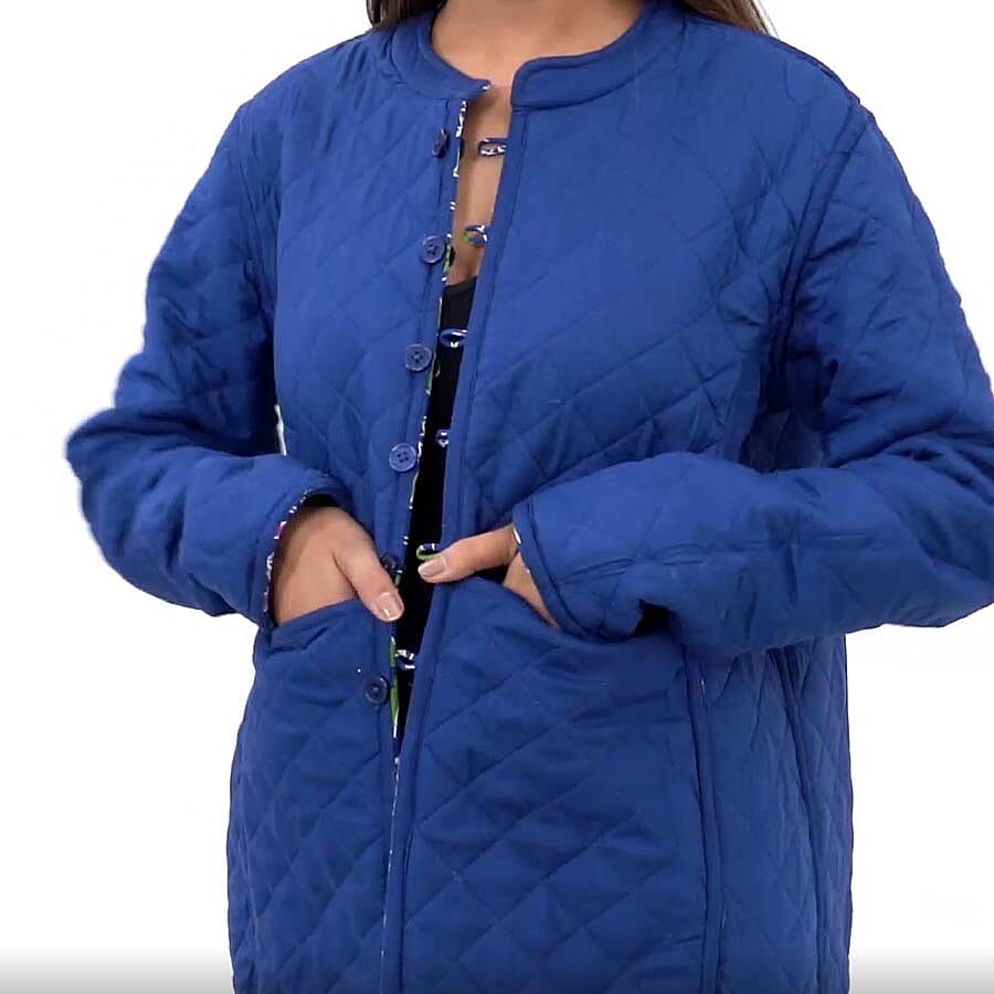 Handmade Printed Reversible Quilted Full-Sleeves Short Jacket in Navy - (Size S,10 )