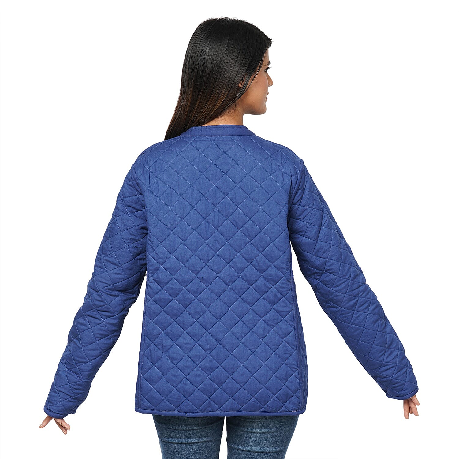 Handmade Printed Reversible Quilted Full-Sleeves Short Jacket in Navy - (Size S,10 )
