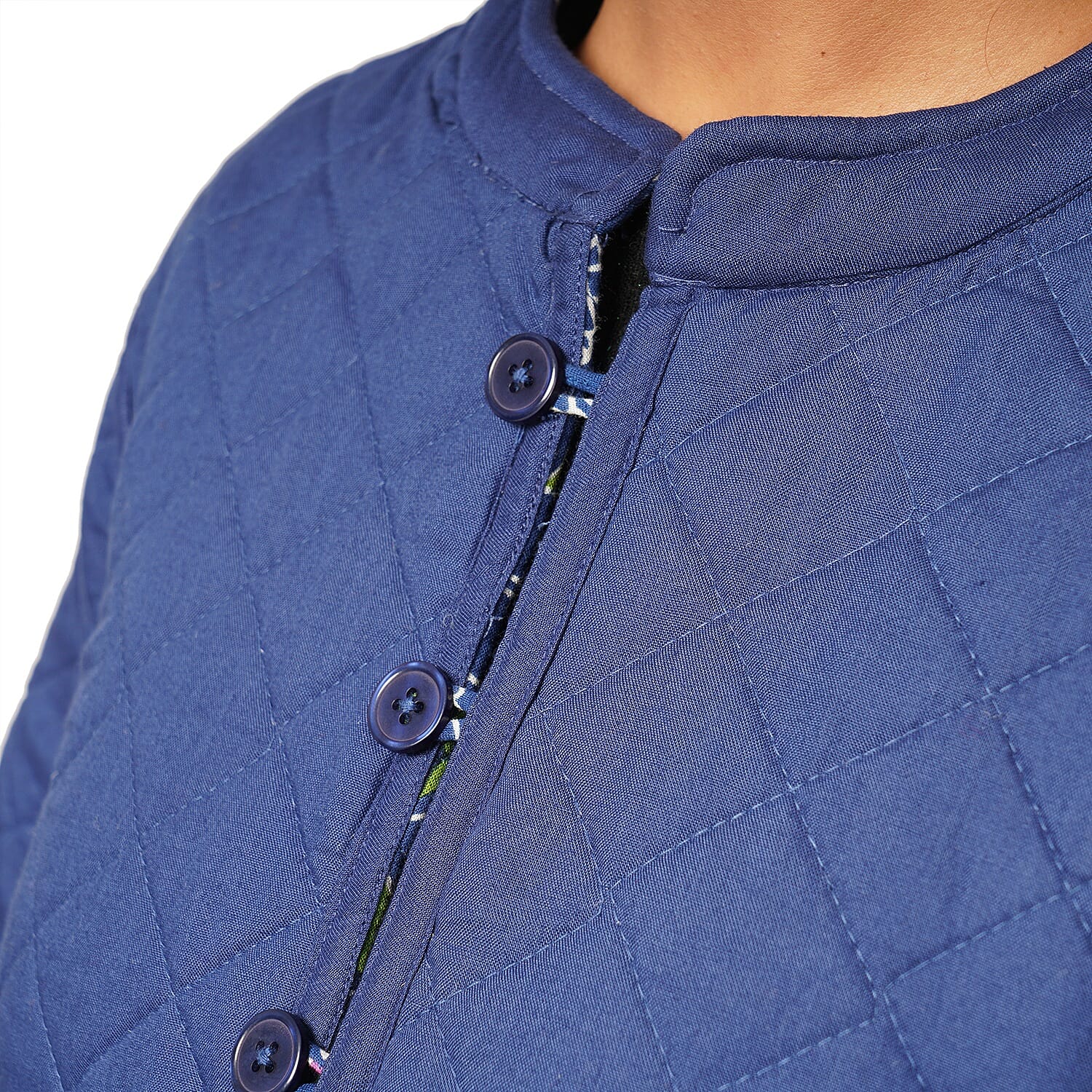 Handmade Printed Reversible Quilted Full-Sleeves Short Jacket in Navy - (Size S,10 )