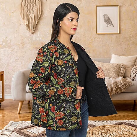 Handmade Printed Reversible Quilted Full-Sleeves Jacket in Black - (Size S,8-10)