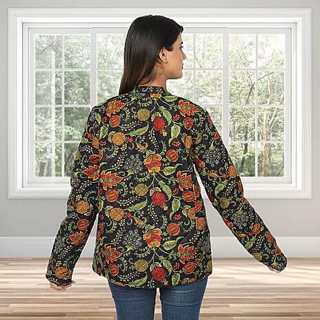 Handmade Printed Reversible Quilted Full-Sleeves Jacket in Black - (Size S,8-10)