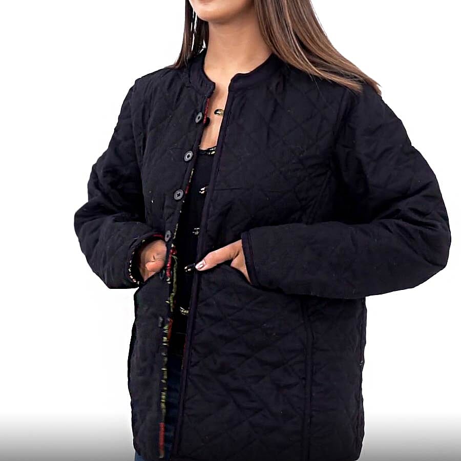 Handmade Printed Reversible Quilted Full-Sleeves Short Jacket in Navy - (Size S,10 )