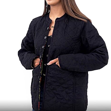Handmade Printed Reversible Quilted Full-Sleeves Jacket in Black - (Size S,8-10)