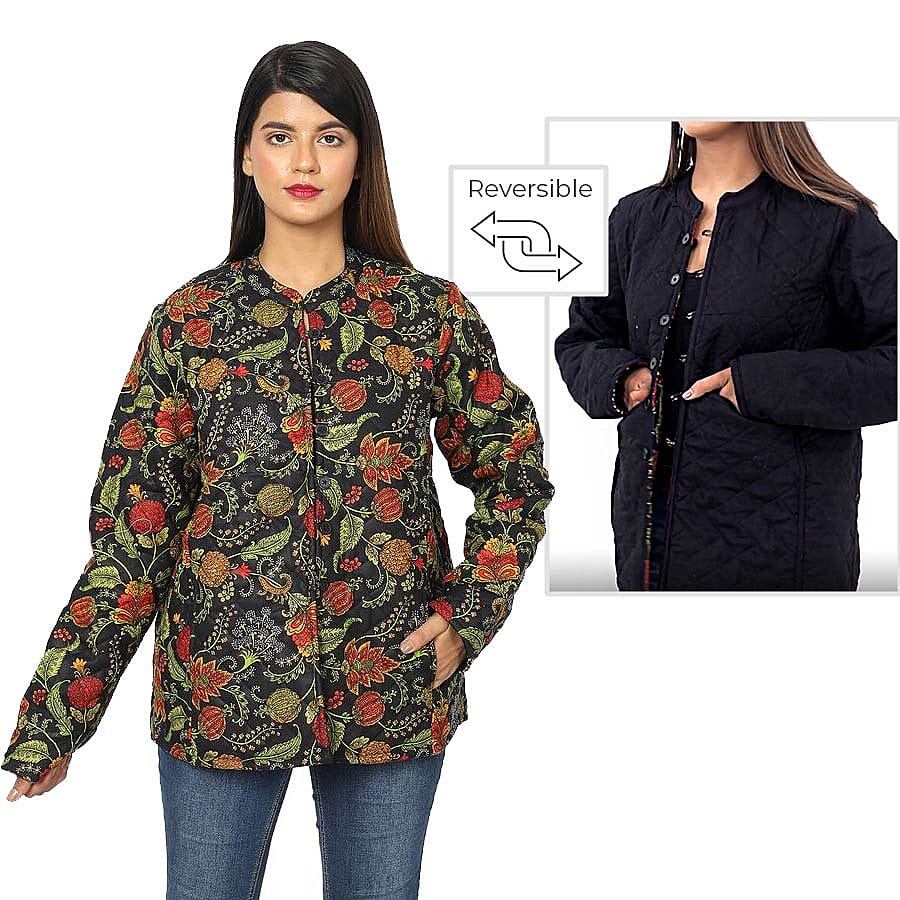 Handmade Printed Reversible Quilted Full-Sleeves Short Jacket in Navy - (Size S,10 )
