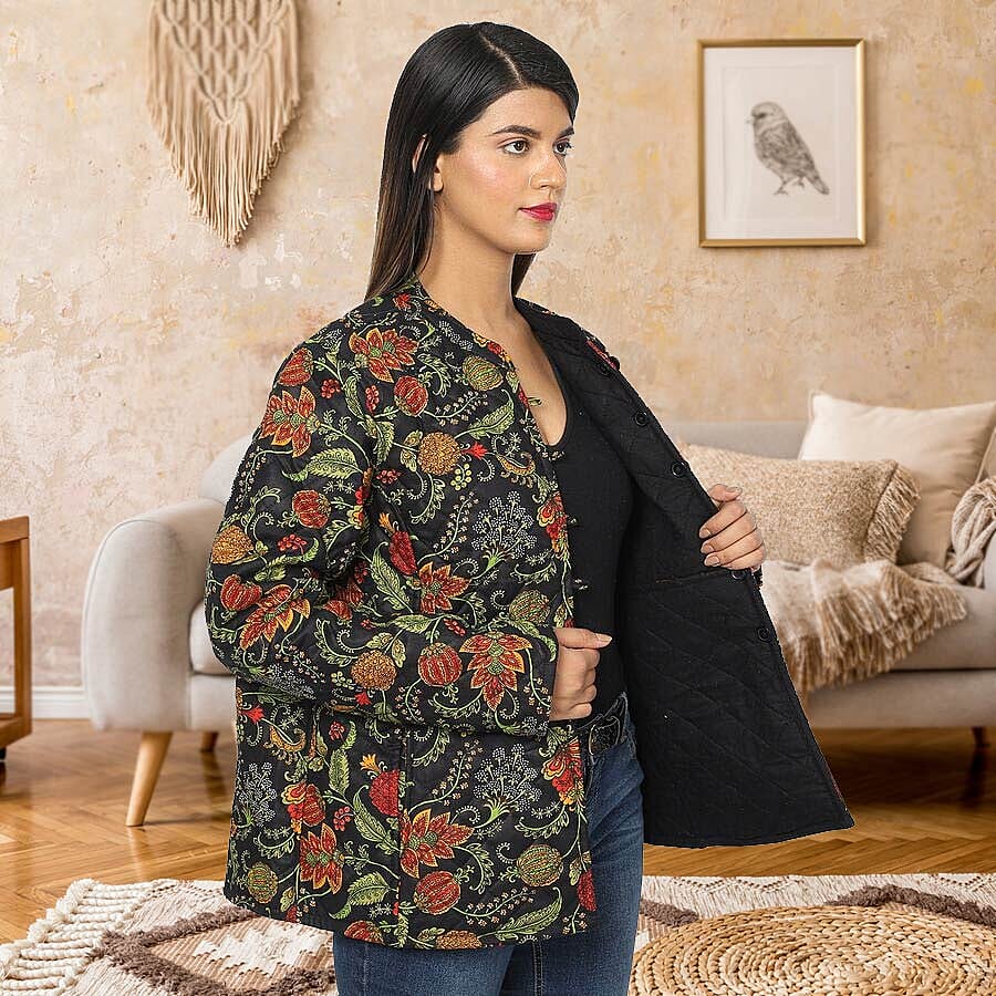 Handmade Printed Reversible Quilted Full-Sleeves Short Jacket in Navy - (Size S,10 )