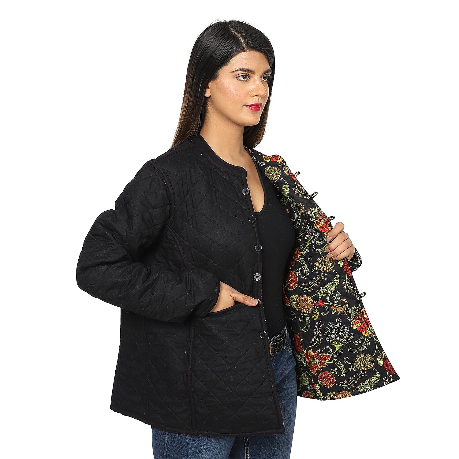 Handmade Printed Reversible Quilted Full-Sleeves Short Jacket in Navy - (Size S,10 )
