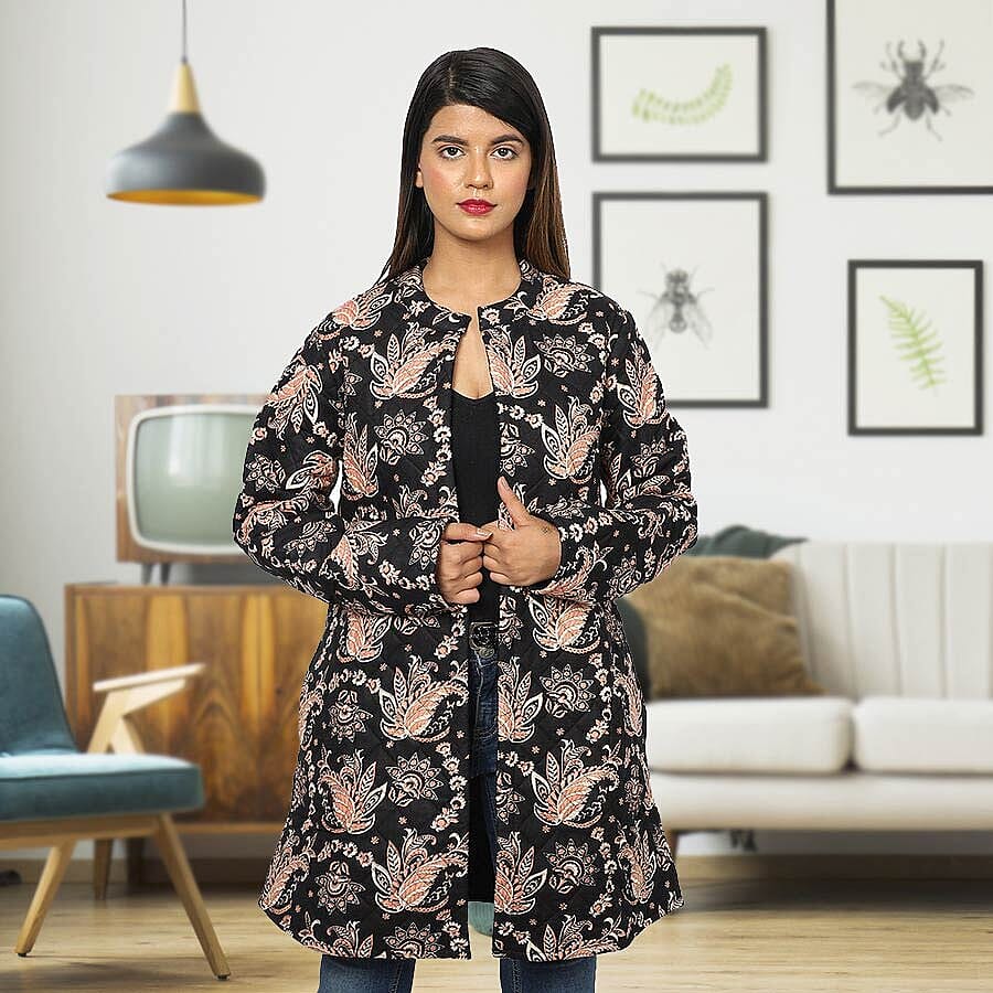 Handmade Printed Reversible Quilted Jacket in Black - Size S (8-10 )