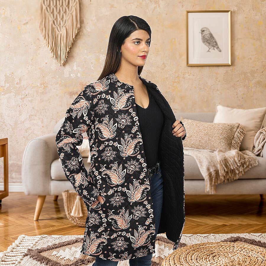 Handmade Printed Reversible Quilted Jacket in Black - Size S (8-10 )