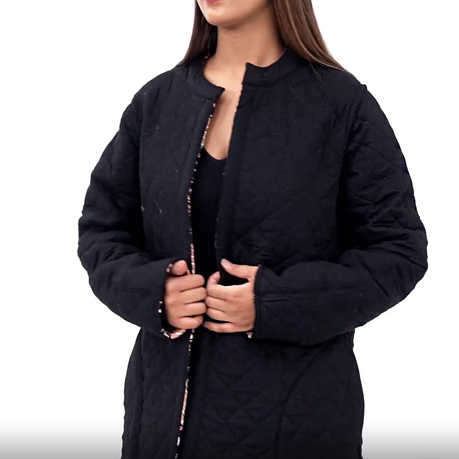 Handmade Printed Reversible Quilted Jacket in Black - Size S (8-10 )