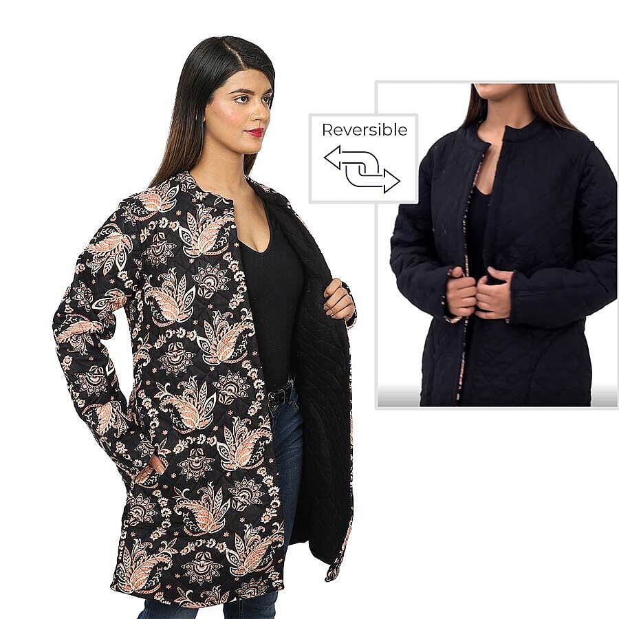 Handmade Printed Reversible Quilted Jacket in Black - Size S (8-10 )