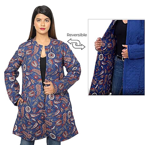 Handmade Printed Reversible Quilted Jacket in Navy Blue & Wine Red - Size S (size 8-10 )