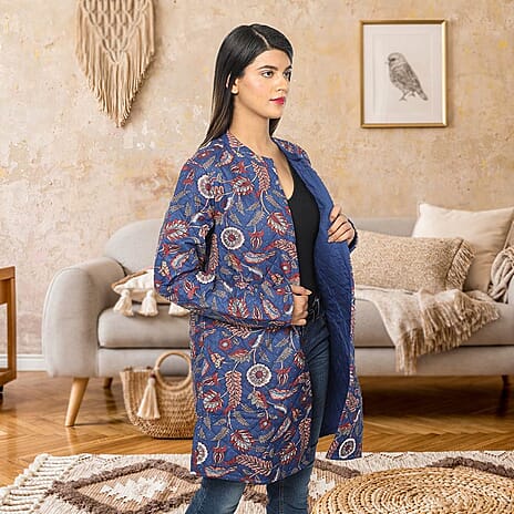 Handmade Printed Reversible Quilted Jacket in Navy Blue - Wine Red - Size S (size 8-10 )
