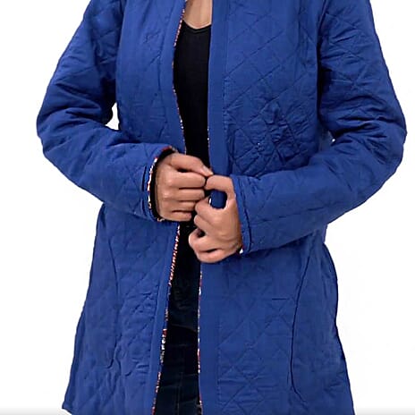 Handmade Printed Reversible Quilted Jacket in Navy Blue & Wine Red - Size S (size 8-10 )