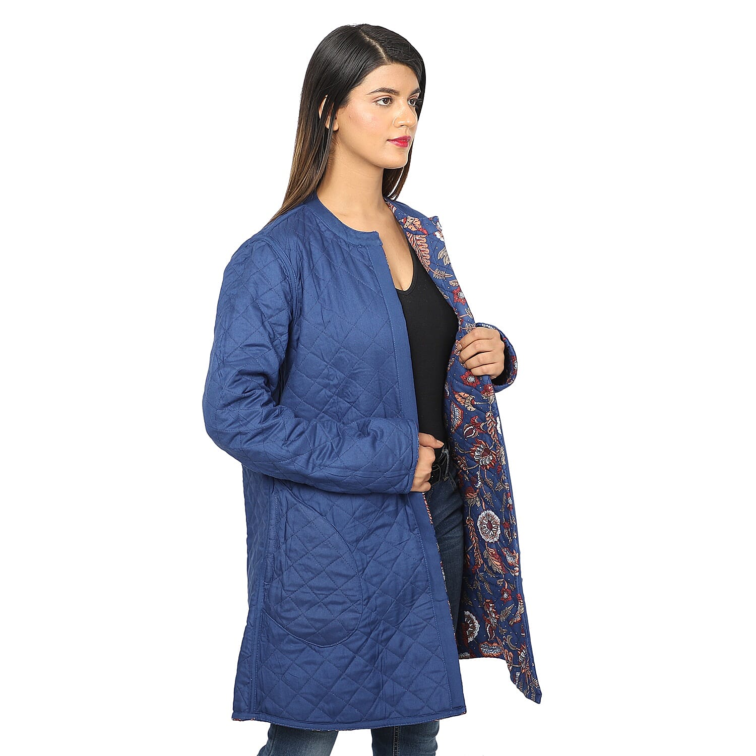 Handmade Printed Reversible Quilted Jacket in Black - Size S (8-10 )