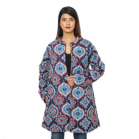 Handmade Printed Reversible Quilted Jacket in Navy Blue and Multi Colour - Size S (8-10)