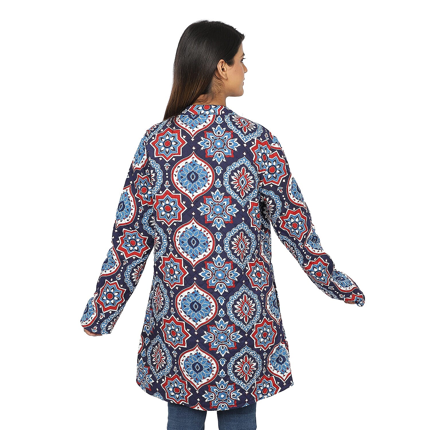 Handmade Printed Reversible Quilted Jacket in Navy Blue and Multi Colour - Size S (8-10)
