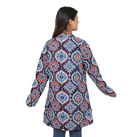 Handmade Printed Reversible Quilted Jacket in Navy Blue and Multi Colour - Size S (8-10)