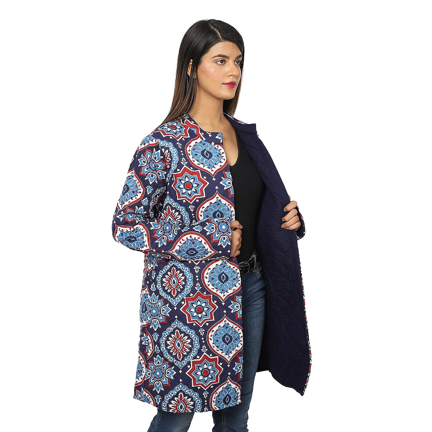 Handmade Printed Reversible Quilted Jacket in Navy Blue and Multi Colour - Size S (8-10)