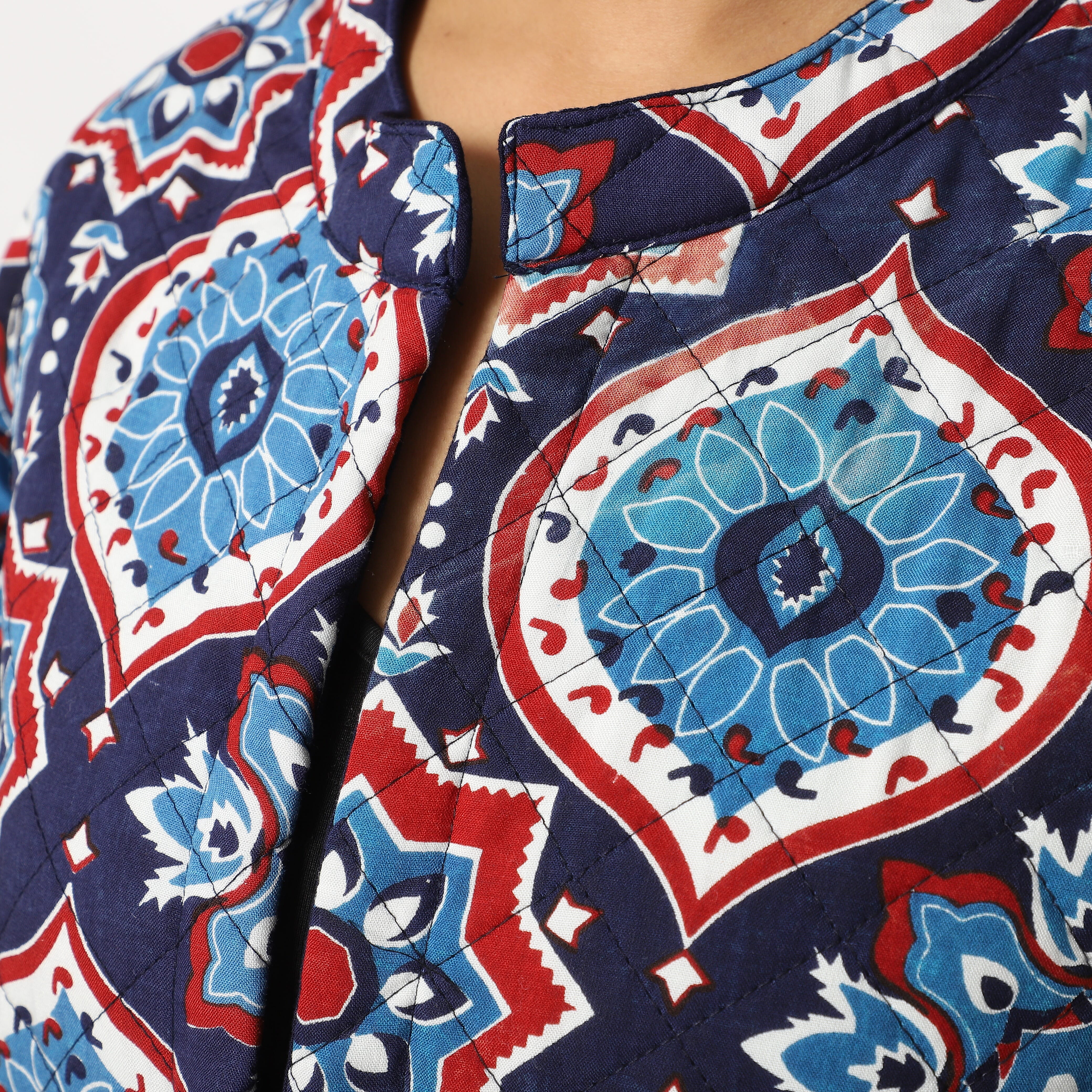 Handmade Printed Reversible Quilted Jacket in Navy Blue and Multi Colour - Size S (8-10)