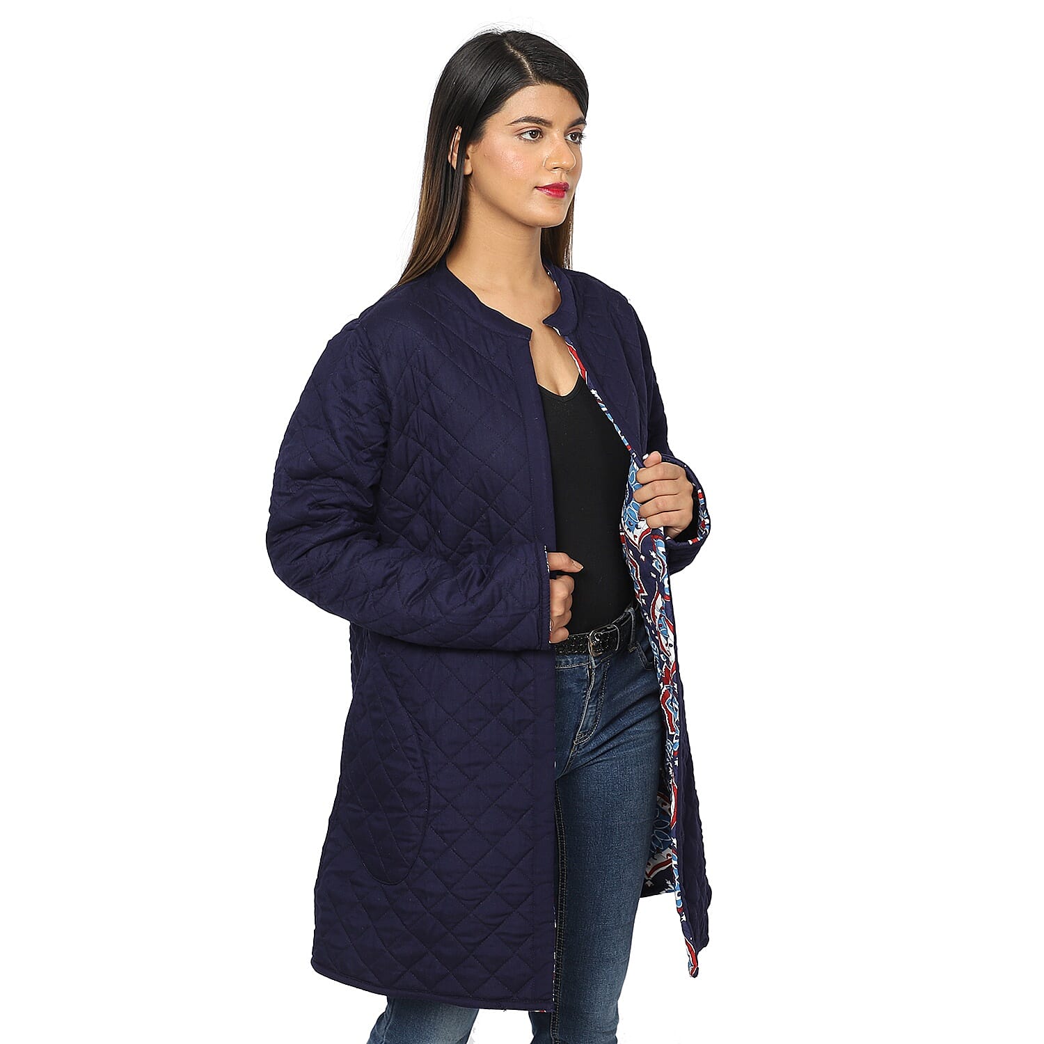 Handmade Printed Reversible Quilted Jacket in Navy Blue and Multi Colour - Size S (8-10)