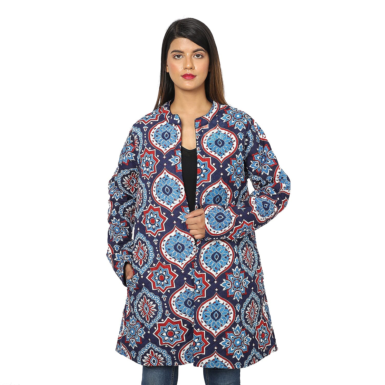 Handmade Printed Reversible Quilted Jacket in Navy Blue and Multi Colour - Size M ( Size 12-14 )