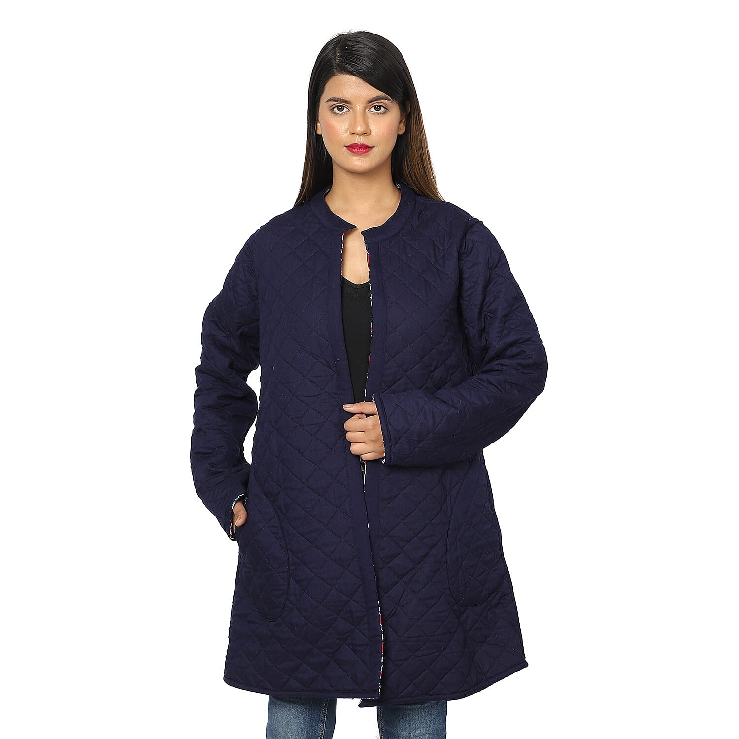 Handmade Printed Reversible Quilted Jacket in Navy Blue and Multi Colour - Size M ( Size 12-14 )