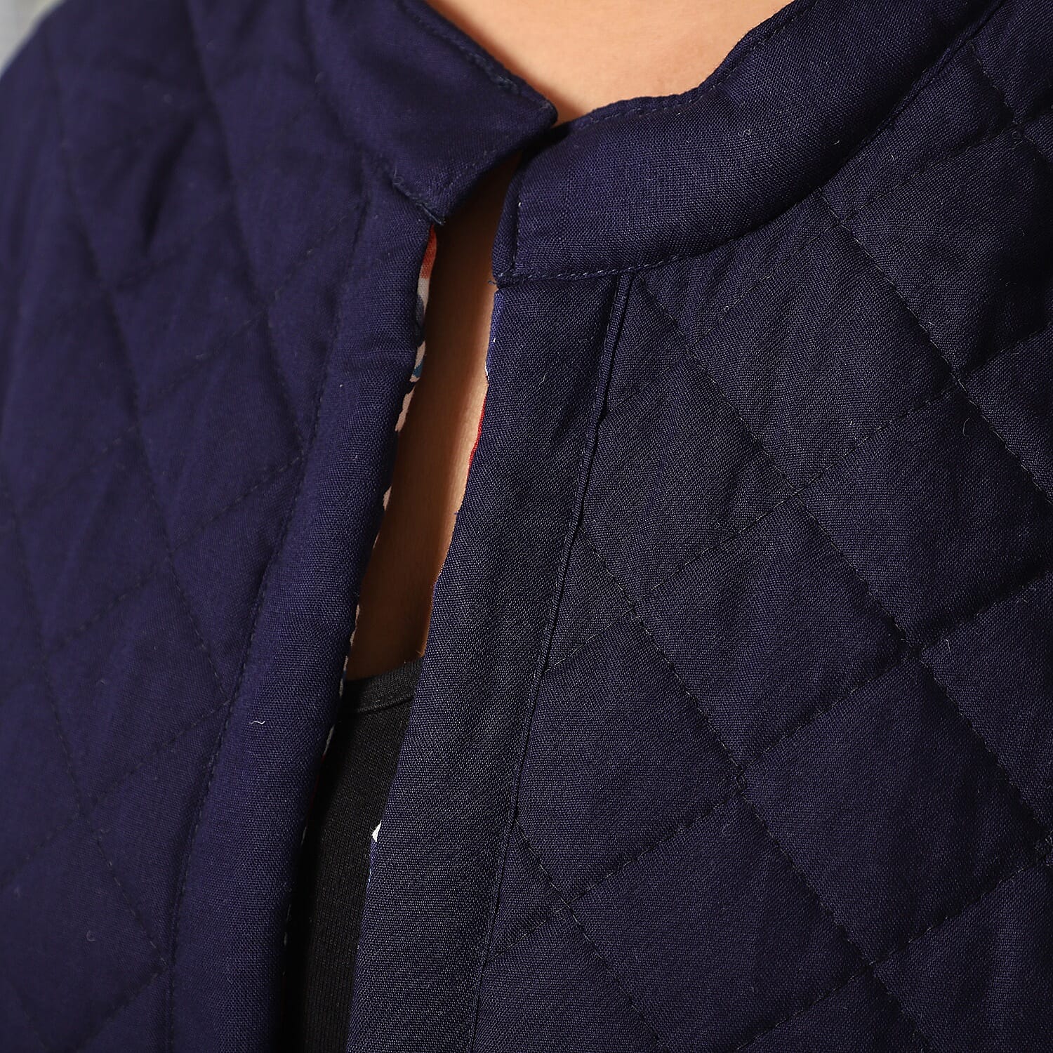 Handmade Printed Reversible Quilted Jacket in Navy Blue and Multi Colour - Size M ( Size 12-14 )