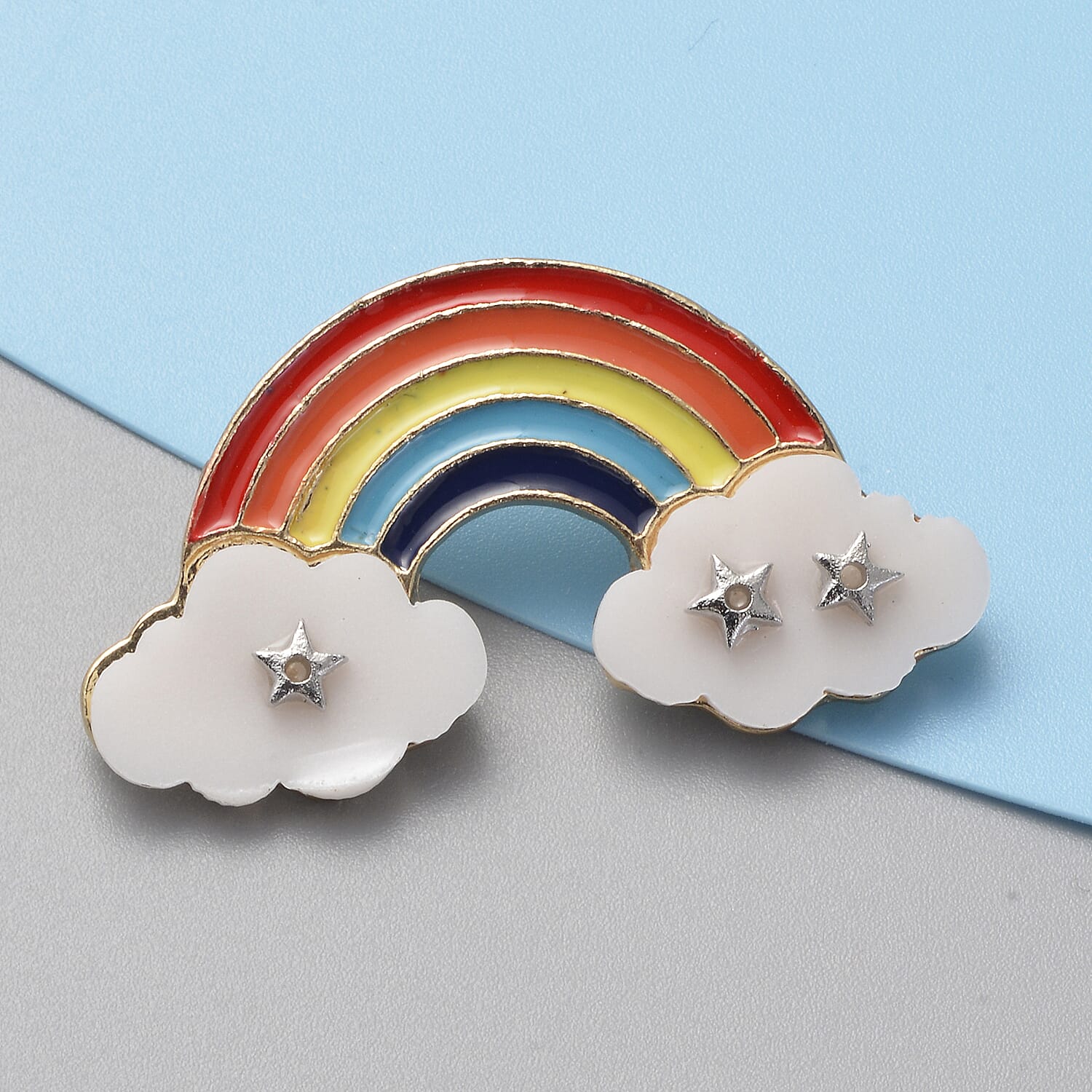 Designer Inspired- Rainbow Enamelled Brooch with Cloud in Yellow Gold Tone.