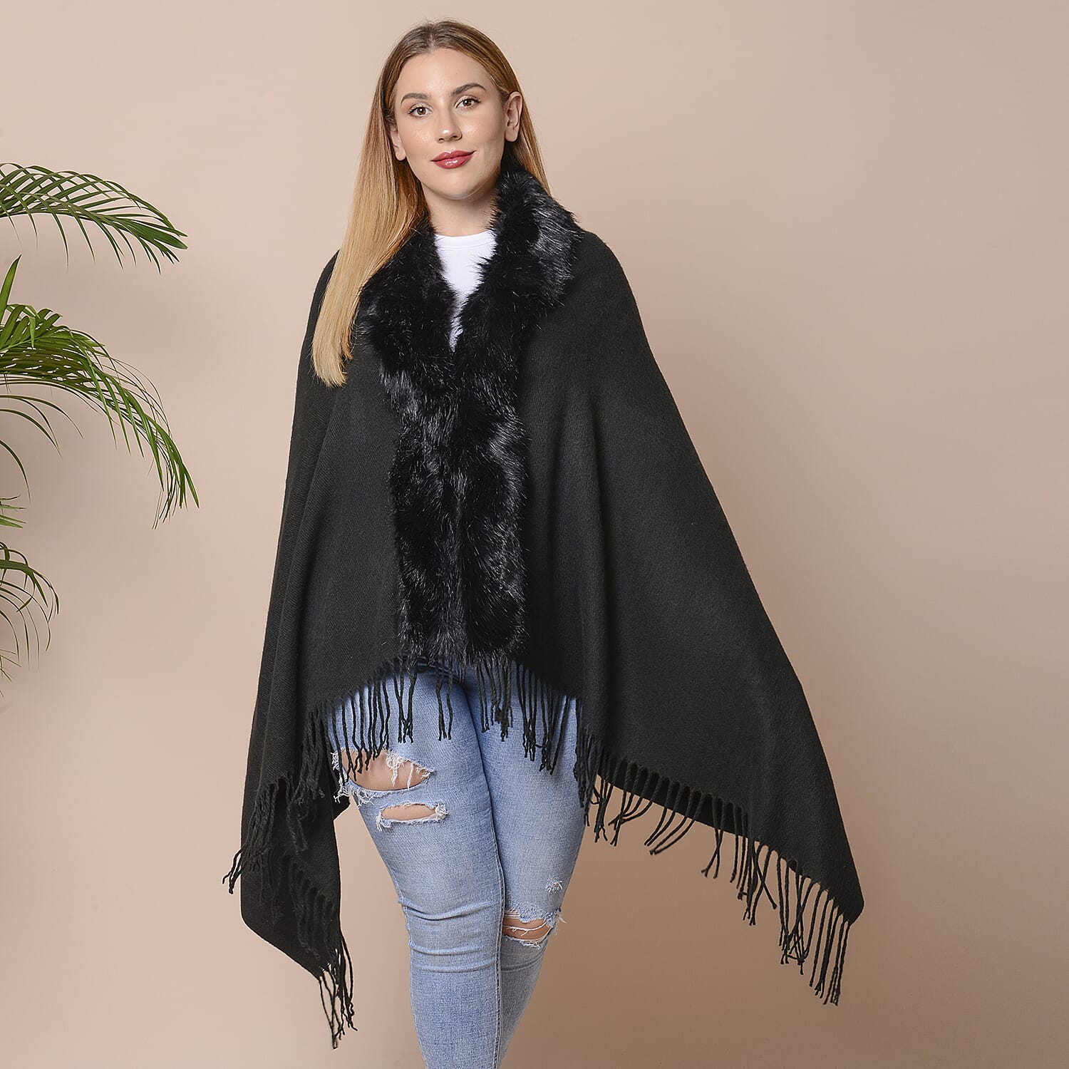Designer Inspired Faux Fur Trimmed Cape - Black (One Size; 170x77+10cm)