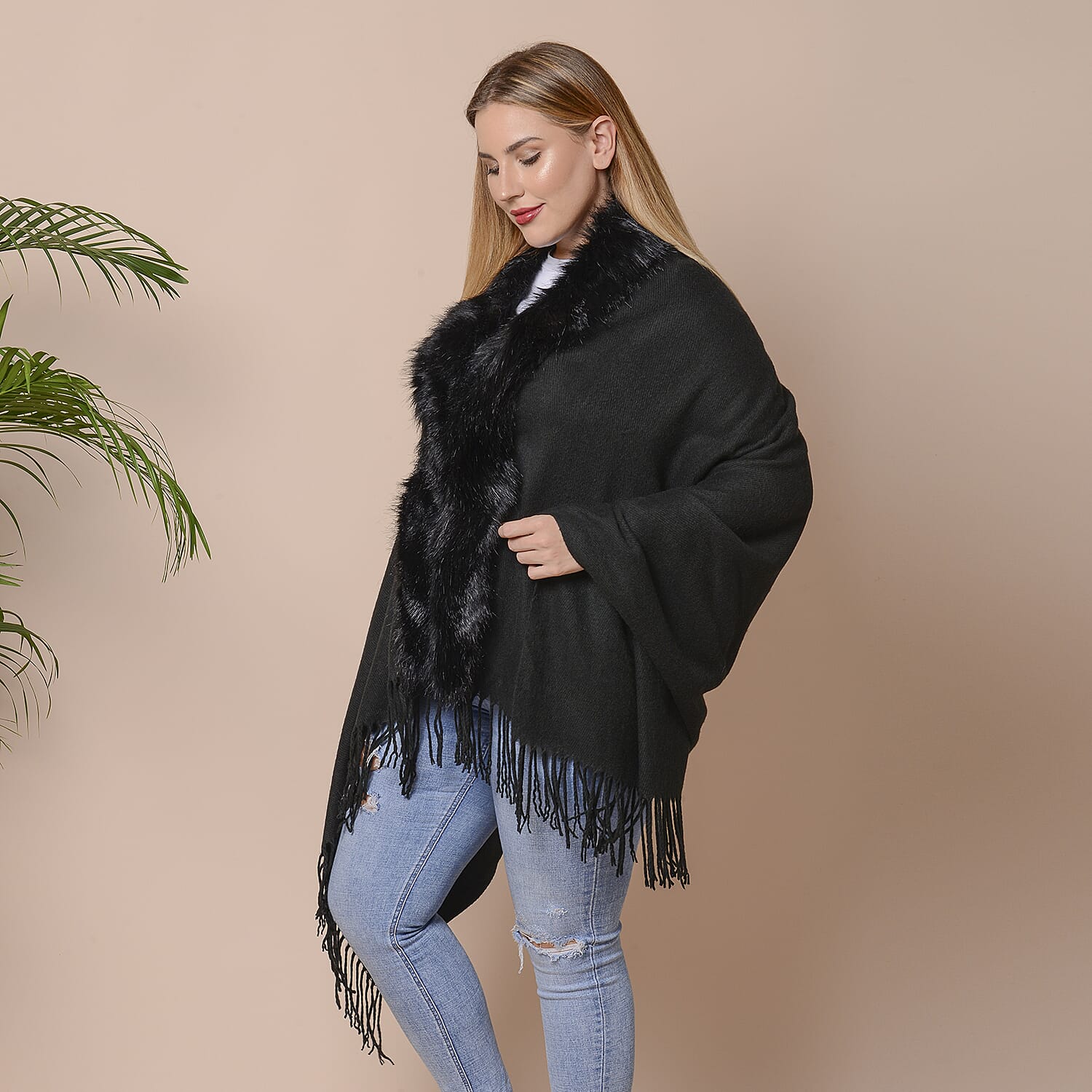 Designer Inspired Faux Fur Trimmed Cape - Black (One Size; 170x77+10cm)