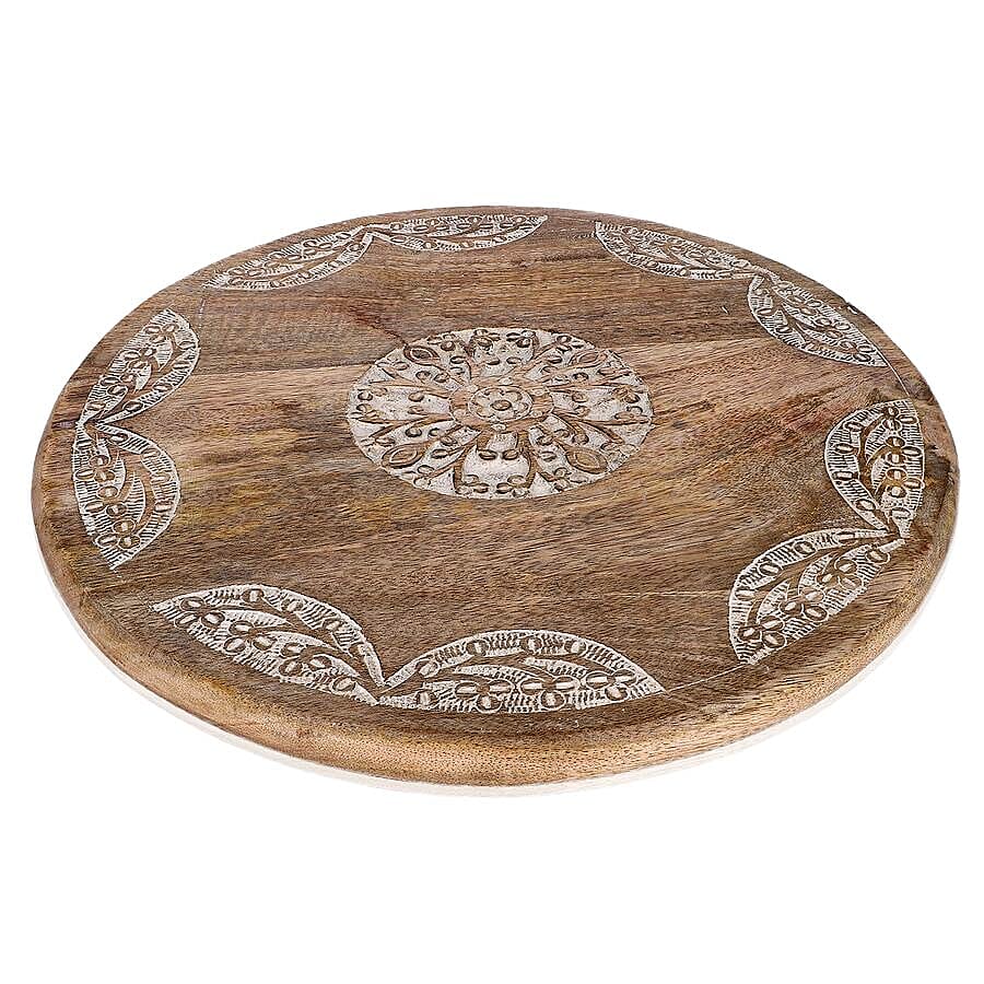 NAKKASHI Hand Carved Natural Antique Finish Wooden Food Serving Rotating Round Tray (Dia. 40cm)