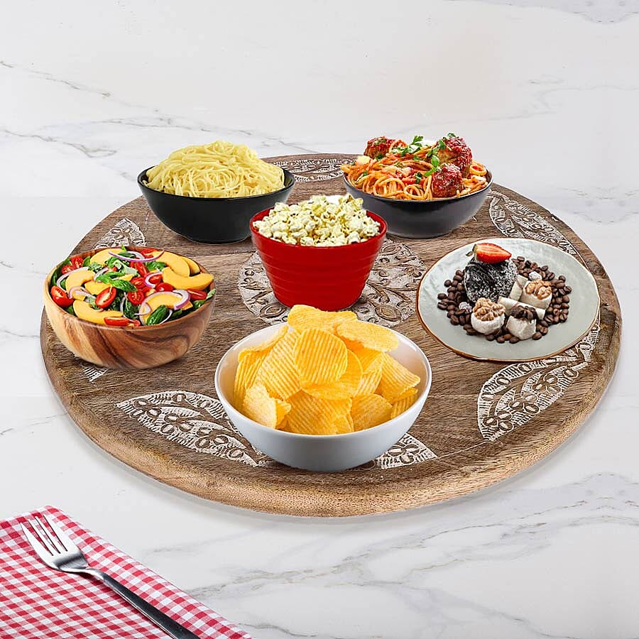 NAKKASHI Hand Carved Natural Antique Finish Wooden Food Serving Rotating Round Tray (Dia. 40cm)