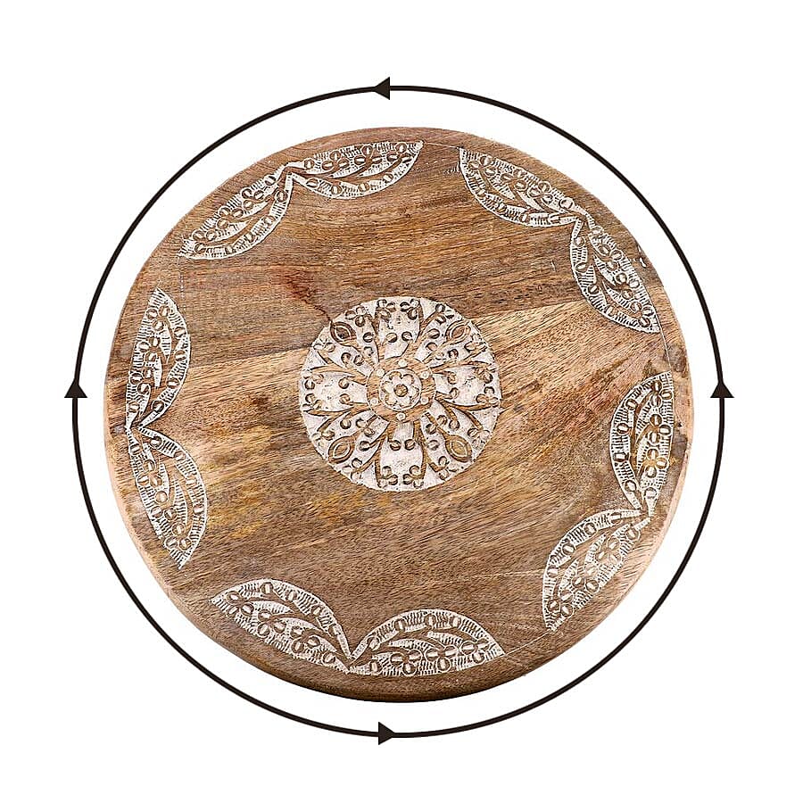 NAKKASHI Hand Carved Natural Antique Finish Wooden Food Serving Rotating Round Tray (Dia. 40cm)