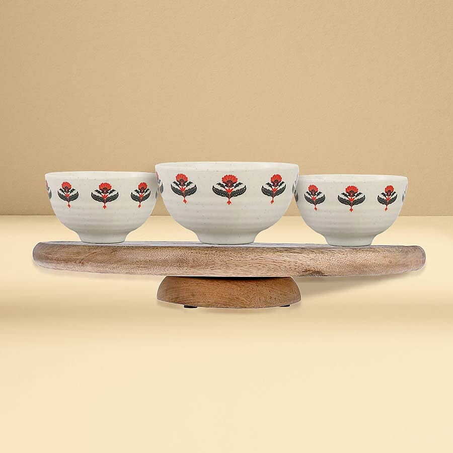 NAKKASHI Hand Carved Natural Antique Finish Wooden Food Serving Rotating Round Tray (Dia. 40cm)