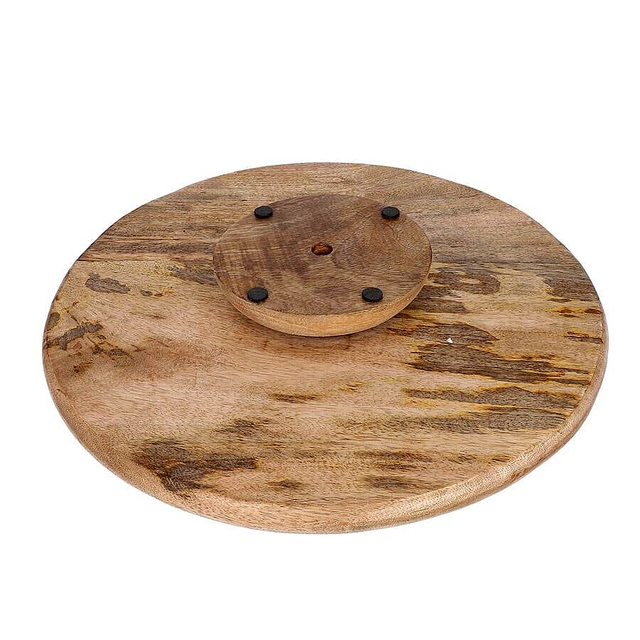 NAKKASHI Hand Carved Natural Antique Finish Wooden Food Serving Rotating Round Tray (Dia. 40cm)