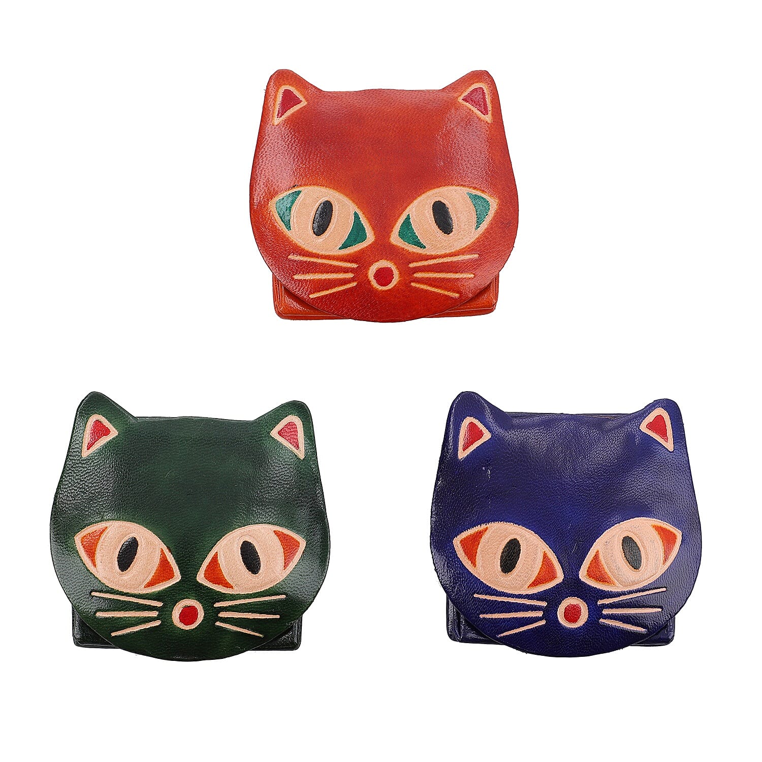 Set of 3 - 100% Genuine Leather Cat Theme Coin Pouch - Red, Navy and Green
