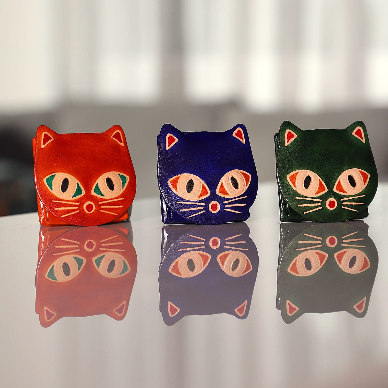 Set of 3 - 100% Genuine Leather Cat Theme Coin Pouch - Red, Navy and Green