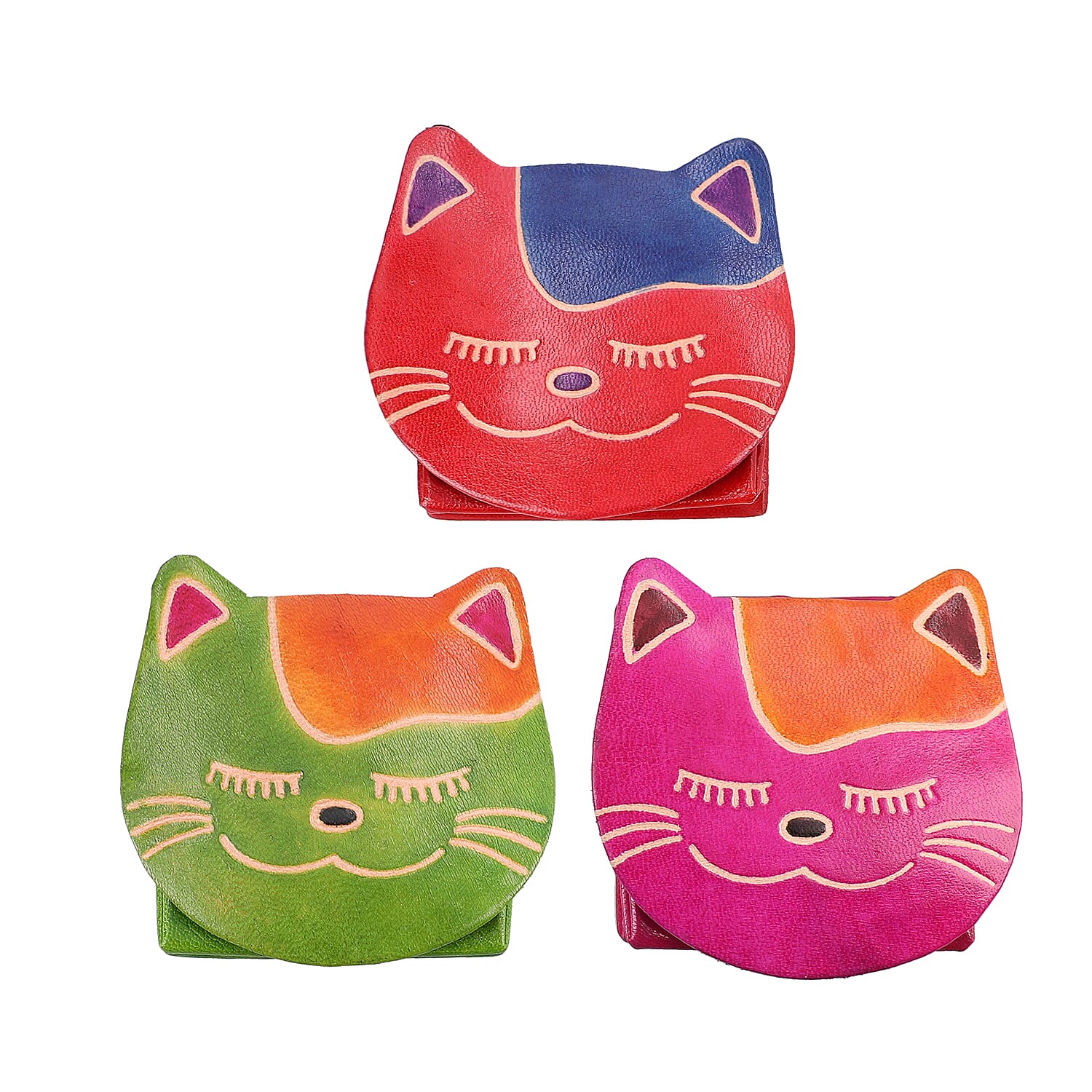 SUKRITI 100% Genuine Leather Closed Eye Smiling Cat Coin Pouch (8.5x8cm) - Apple Green, Red and Pink