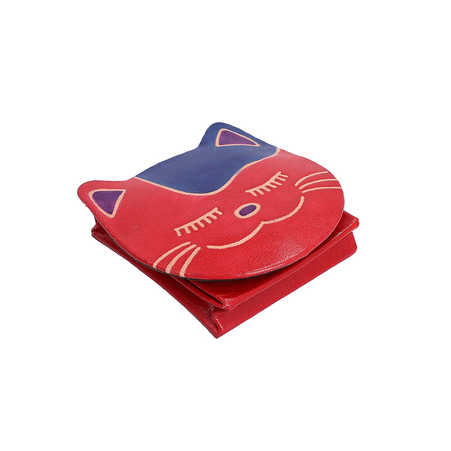 SUKRITI 100% Genuine Leather Closed Eye Smiling Cat Coin Pouch (8.5x8cm) - Apple Green, Red and Pink