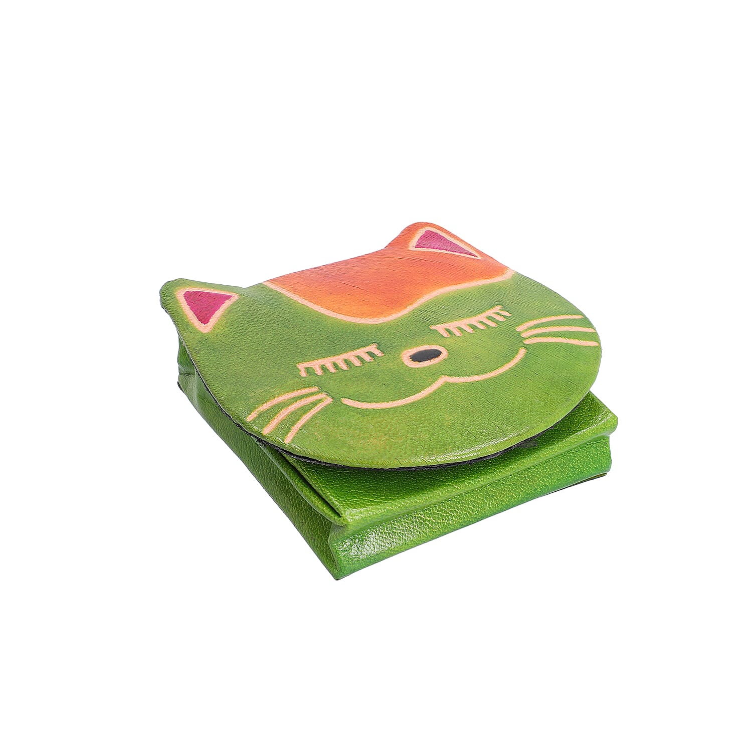SUKRITI 100% Genuine Leather Closed Eye Smiling Cat Coin Pouch (8.5x8cm) - Apple Green, Red and Pink