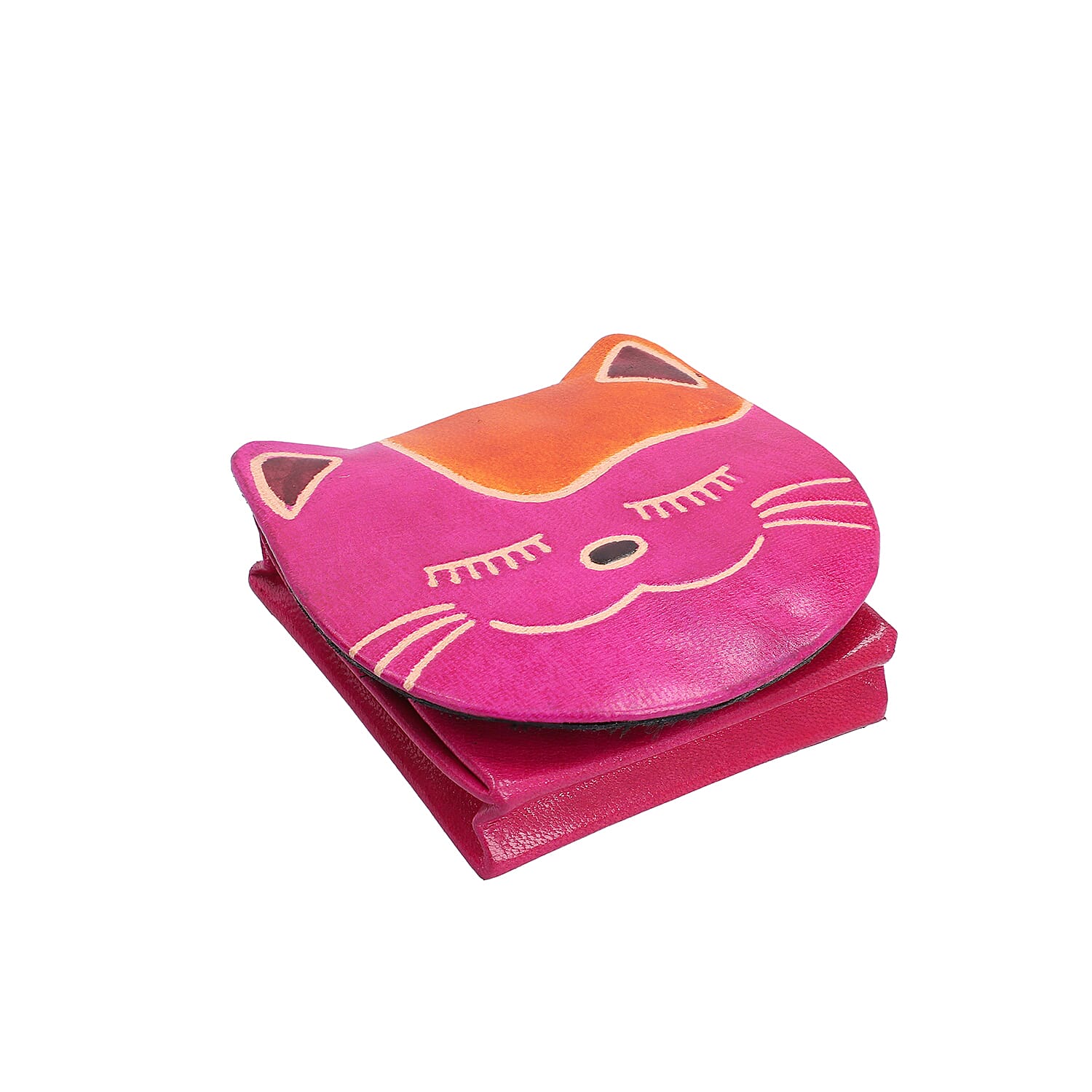 SUKRITI 100% Genuine Leather Closed Eye Smiling Cat Coin Pouch (8.5x8cm) - Apple Green, Red and Pink