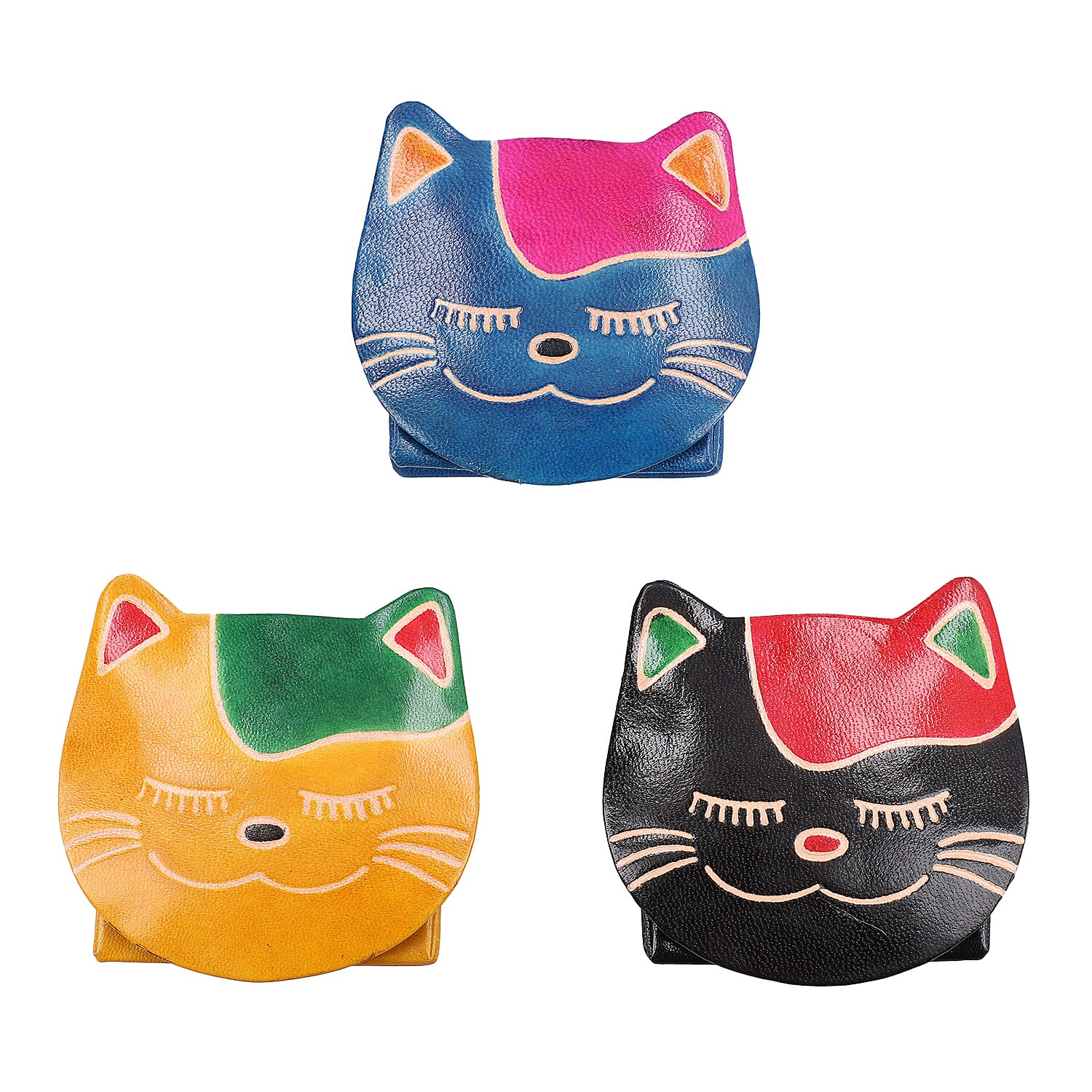 SUKRITI 100% Genuine Leather Closed Eye Smiling Cat Coin Pouch (8.5x8cm) - Yellow, Black and Blue