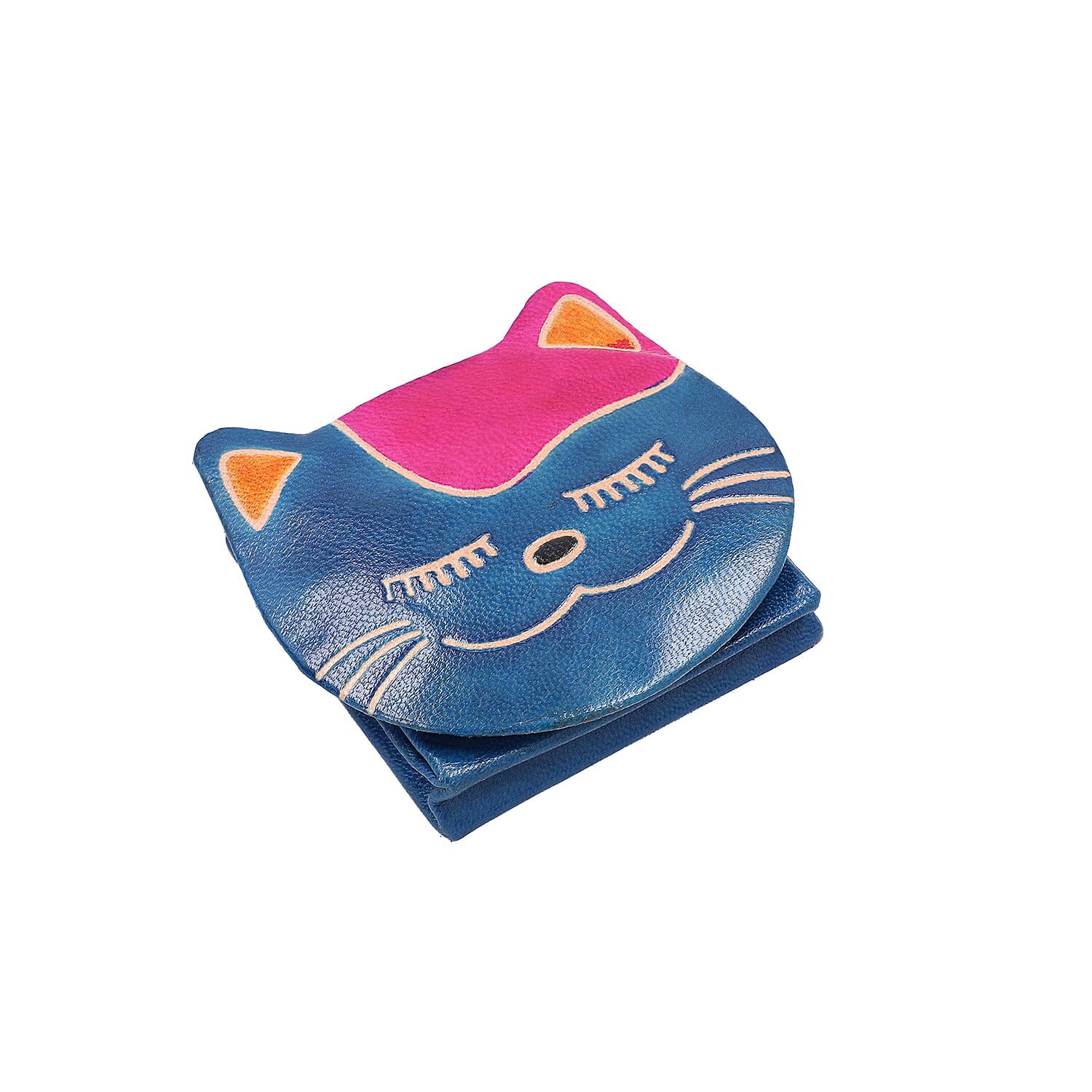 SUKRITI 100% Genuine Leather Closed Eye Smiling Cat Coin Pouch (8.5x8cm) - Yellow, Black and Blue