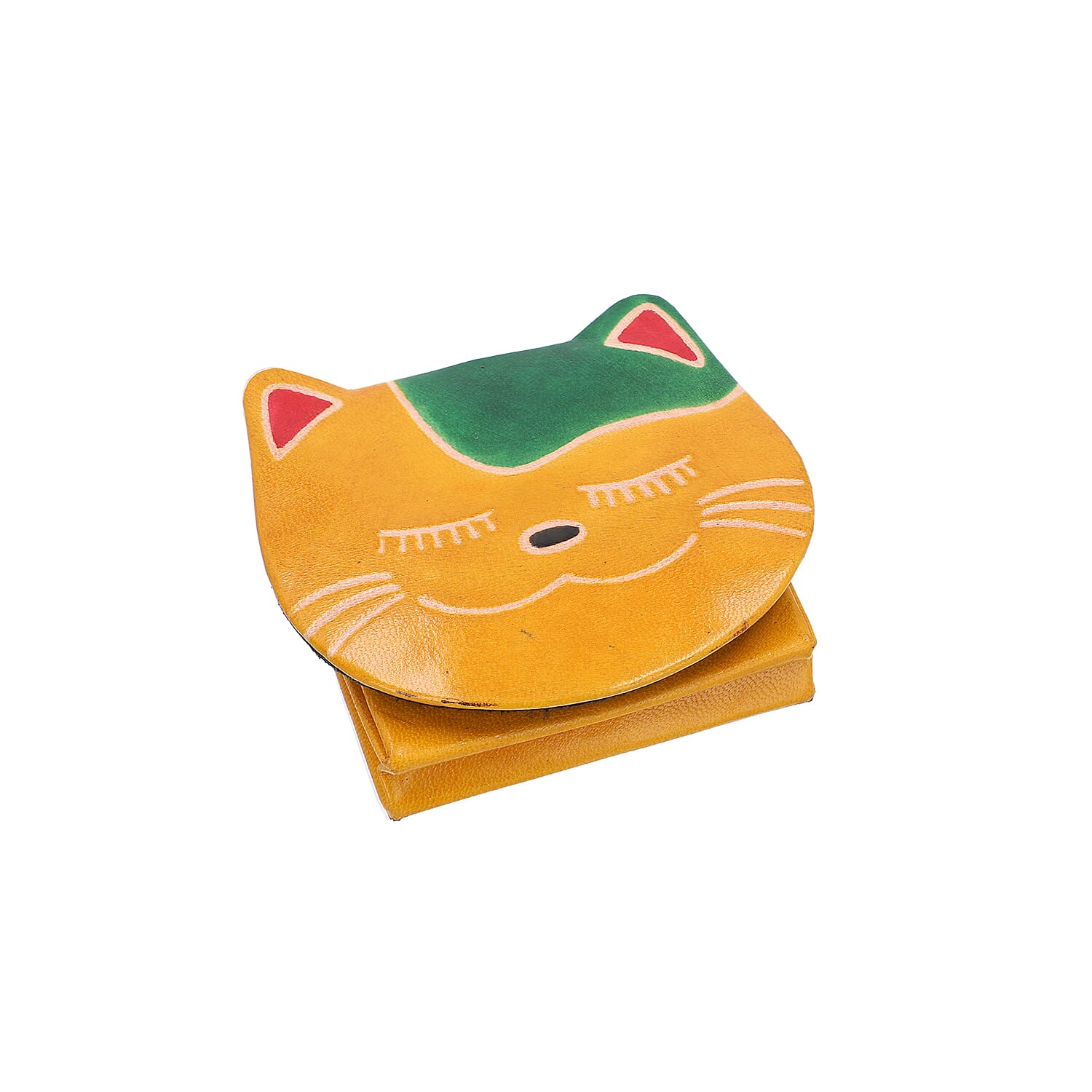 SUKRITI 100% Genuine Leather Closed Eye Smiling Cat Coin Pouch (8.5x8cm) - Yellow, Black and Blue